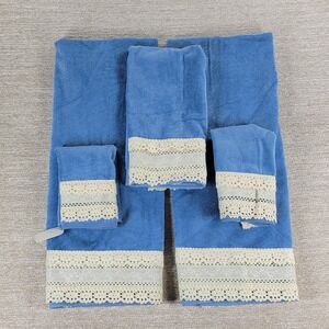 Caldwell Tara Towel Set 5 Pc Blue Crochet Lace Trim Eyelet Cottagecore NWT